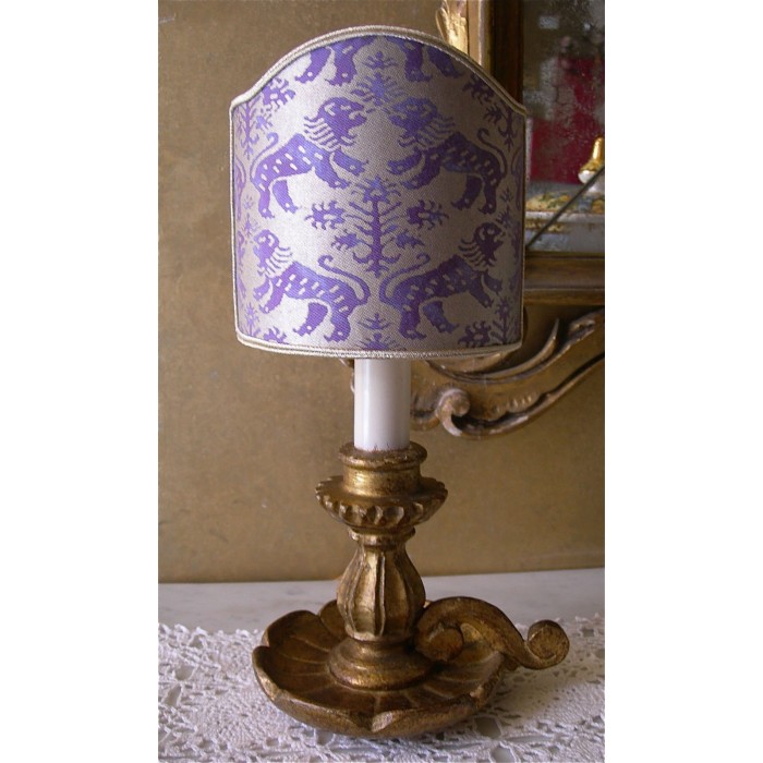Antique Italian Gilt Carved Wood Candlestick Table Lamp with Purple Fortuny Lamp Shade