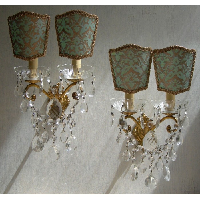 Pair of Italian Antique Gilt Bronze and Crystal Wall Sconces with Fortuny Lamp Shades