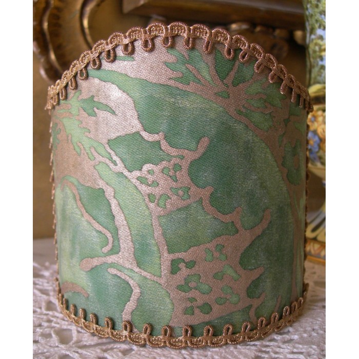Wall Sconce Clip-On Shield Shade Fortuny Fabric Olimpia in Green & Silvery Gold Mini Lamp Shade