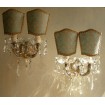 Pair of Italian Antique Maria Theresa Crystal Wall Sconces with Fortuny Lamp Shades