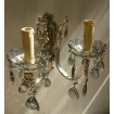 Italian Antique Silver Bronze and Smokey Crystal Wall Sconces with Silk Rubelli Lamp Shades