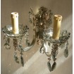 Italian Antique Silver Bronze and Smokey Crystal Wall Sconces with Silk Rubelli Lamp Shades