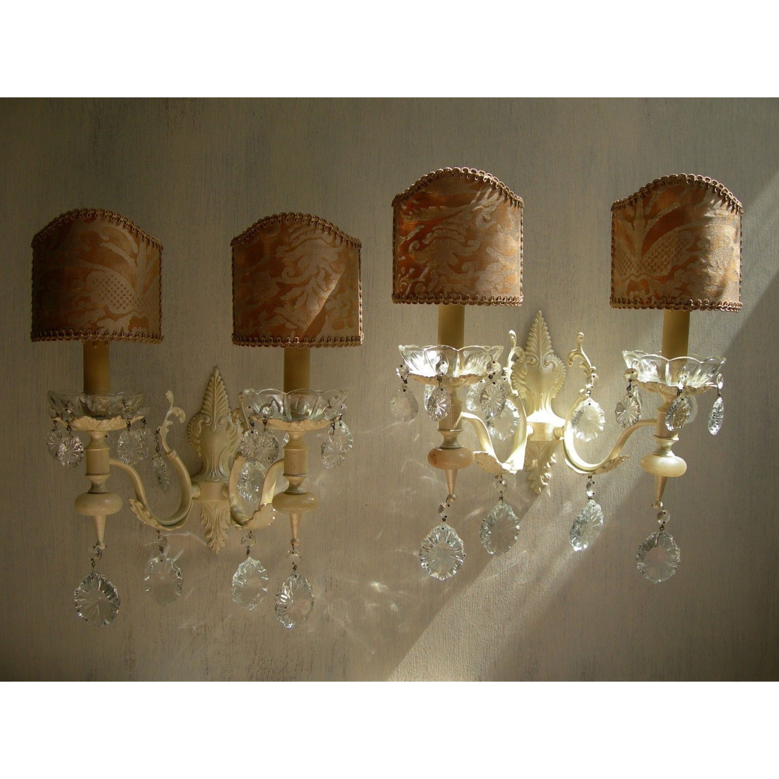 PAIR CHANDELIER CRYSTAL WALL LAMP SHADES ART DECO BRONZE SCONCE . 