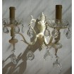 Pair of Italian Antique Painted Bronze and Crystal Wall Sconces with French Brown Fortuny Lamp Shades