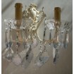 Pair of Antique Italian Painted Bronze Crystal Wall Sconces with Blue Fortuny Fabric Clip On Lamp Shades