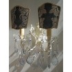 Pair of Antique Italian Painted Bronze Crystal Wall Sconces with Blue Fortuny Fabric Clip On Lamp Shades