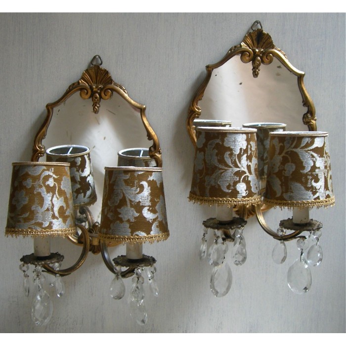 Antique Pair of Venetian Gilt Bronze and Crystal Mirror Wall Sconces with Rubelli Fabric Clip On Mini Lamp Shade
