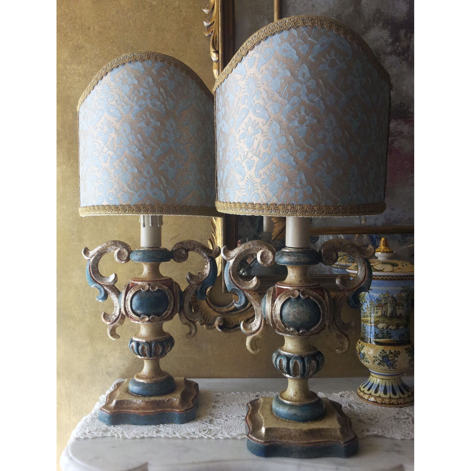 Pair Of Italian Vintage Antique Finish, Vintage Wooden Carved Table Lamp Shade