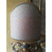 Pair of Italian Vintage Antique Finish Silver Gilt and Polychromed Carved Wood Table Lamps with Fortuny Fabric Lamp Shades