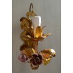 Pair of Antique Italian Gilded Tole Porcelain Flowers Wall Sconces with Roses Fabric Clip On Lamp Shades