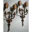 Antique Pair of French Louis XVI Solid Brass Wall Sconces with Fortuny Fabric Clip On Shield Shade