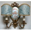 Antique Pair of French Louis XVI Gilt Bronze Porcelain Medallion Wall Sconces with Rubelli Fabric Clip On Lamp Shades