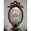 Antique Pair of French Louis XVI Gilt Bronze Porcelain Medallion Wall Sconces with Rubelli Fabric Clip On Lamp Shades