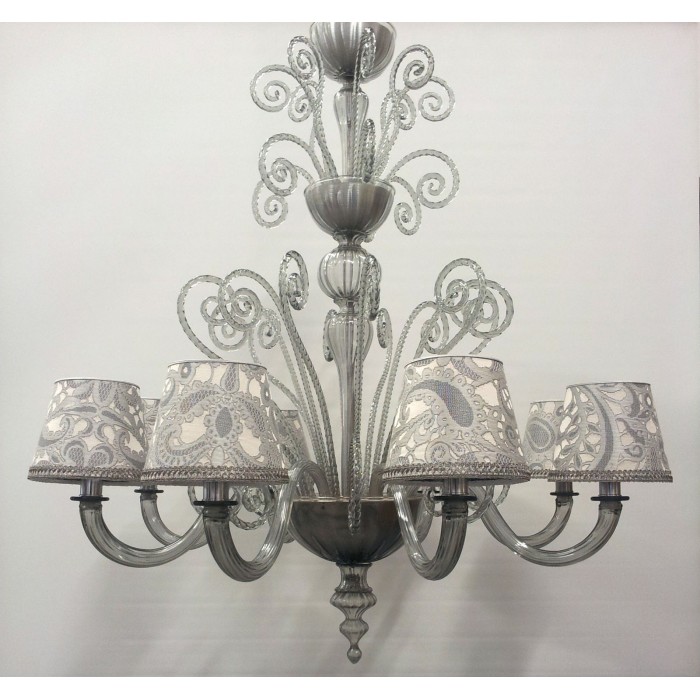 Authentic Italian Murano Grey Hand Blown Glass Chandelier with Rubelli Silk Lampas Fabric Lamp Shades