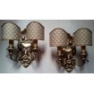 Pair of Antique Italian Carved Gilt Wood Wall Sconces with Ivory and Gold Fortuny Fabric Clip On Lamp Shades