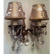 Pair of Italian Antique Brass Crystal Wall Sconces with Gold Rubelli Clip On Lamp Shades