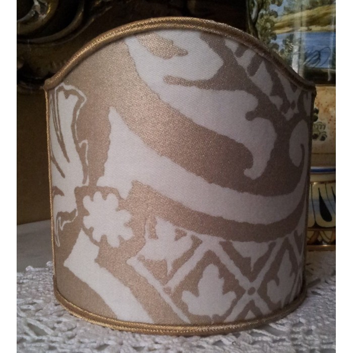 Wall Sconce Clip-On Shield Shade Fortuny Fabric  Carnavalet in White & Silvery Gold Half Lampshade