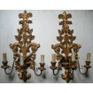 Pair of Antique Italian Carved Gilt Wood 3 Arms Wall Sconces with Aquamarine and Gold Fortuny Fabric Clip On Lamp Shades