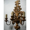 Pair of Antique Italian Carved Gilt Wood 3 Arms Wall Sconces with Aquamarine and Gold Fortuny Fabric Clip On Lamp Shades