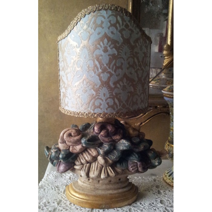 Handcrafted Antique Finish Carved Wood Table Lamp with Fortuny Fabric Delfino Pattern Clip On Lampshade