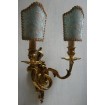 Antique Pair of French Louis XV Gilt Bronze Wall Sconces with Fortuny Fabric Clip On Shield Shades Delfino Pattern
