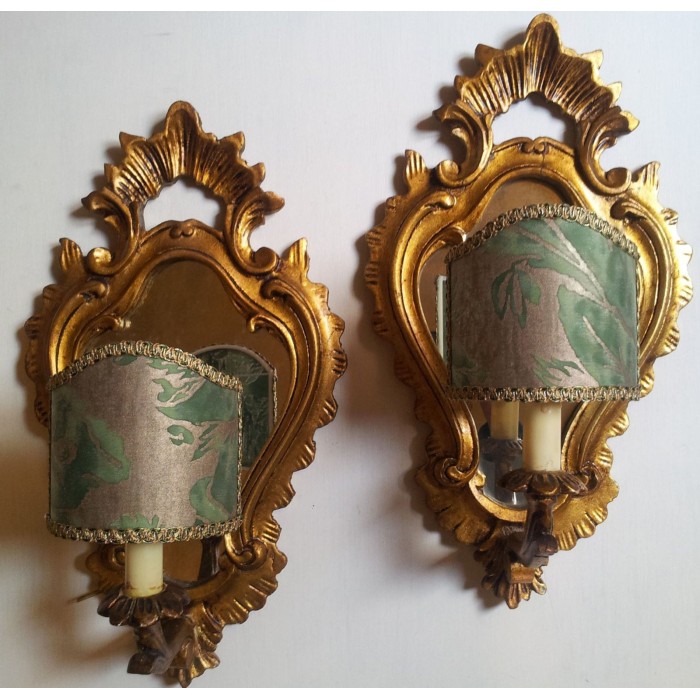 Pair of Antique Venetian Gilt Carved Wooden Mirror Wall Sconces with Fortuny Clip On Lamp Shade