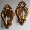 Pair of Antique Venetian Gilt Carved Wooden Mirror Wall Sconces with Fortuny Clip On Lamp Shade