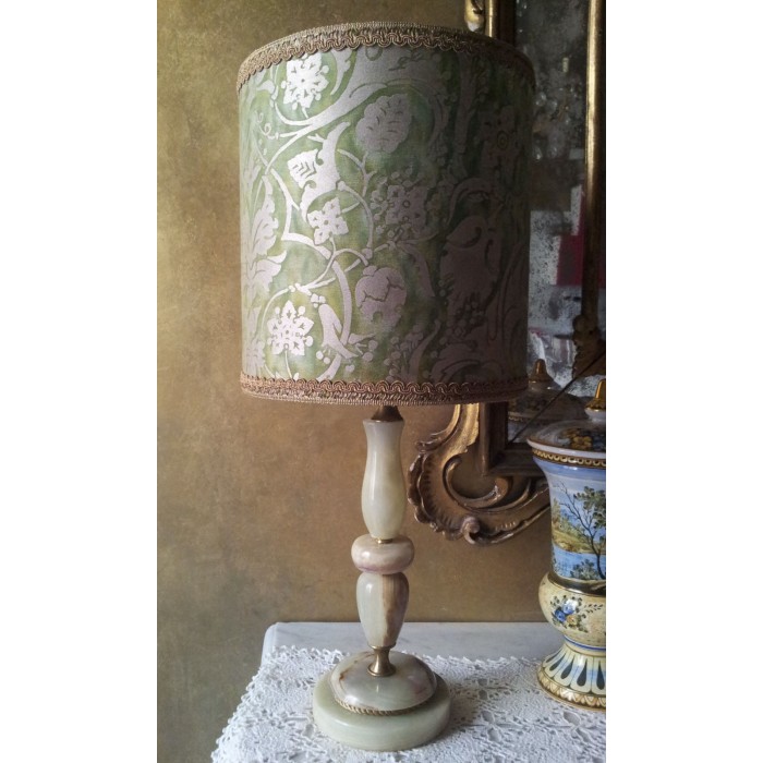 Vintage Onyx Table Lamp with Green and Gold Fortuny Fabric Persepolis Pattern Drum Lamp Shade