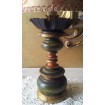 Antique Green and Gold Turned Wooden Table Lamp with Fortuny Fabric Clip On Lamp Shade