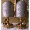 Pair of Antique Italian Gilt Carved Wood Candlestick Table Lamps with Slate Blue & Gold Fortuny Fabric Clip On Lamp Shades