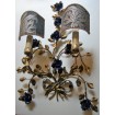 Pair of Antique Italian Gilded Tole Blue Porcelain Flowers Wall Sconces with Fortuny Fabric Clip On Lampshades