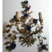 Pair of Antique Italian Gilded Tole Blue Porcelain Flowers Wall Sconces with Fortuny Fabric Clip On Lampshades