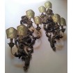 Pair of Antique Italian Polychromed Carved Wood 4 Arms Wall Sconces with Green and Gold Fortuny Fabric Clip On Lamp Shades