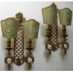 Antica Coppia di Appliques Stile Luigi XVI in Bronzo e Porcellana con Ventoline in Tessuto Rubelli Les Indes Galantes