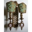 Antique Pair of French Louis XVI Gilt Bronze Porcelain Cameo Wall Sconces with Green and Gold Rubelli Fabric Clip On Lamp Shades