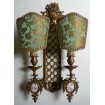 Antique Pair of French Louis XVI Gilt Bronze Porcelain Cameo Wall Sconces with Green and Gold Rubelli Fabric Clip On Lamp Shades