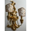 Pair of Antique Italian Carved Gilt Wood Wall Sconces with Ivory and Gold Rubelli Fabric Clip On Lamp Shades