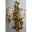 Pair of Antique Italian Carved Gilt Wood Wall Sconces with Ivory and Gold Rubelli Fabric Clip On Lamp Shades