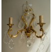 Pair of Antique French Louis XV Gilt Bronze & Crystal Wall Sconces with Plum and Gold Fortuny Fabric Clip On Lamp Shades