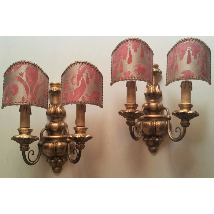 Pair of Antique Italian Carved Gilt Wood Wall Sconces with Red and Gold Fortuny Fabric Clip On Lamp Shades