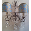 Pair of Antique Italian Crystal Wall Sconces with Blue-Green and Gold Fortuny Fabric Clip On Lamp Shades