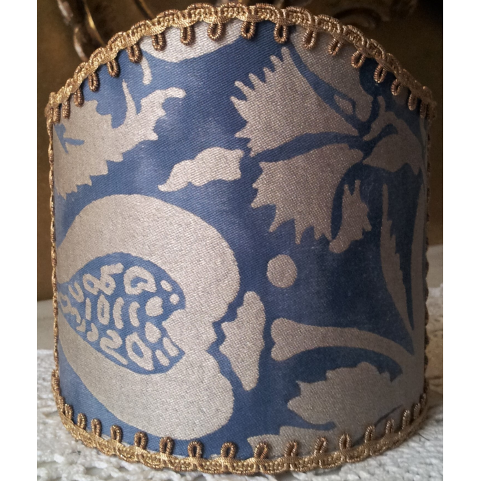 Wall Sconce Clip-On Shield Shade Fortuny Fabric Midnight Blue & Silver Melagrana Pattern Half Lampshade