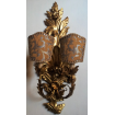 Pair of Antique Italian Carved Gilt Wood Wall Sconces with Bronze and Silver Rubelli Fabric Clip On Lamp Shades