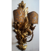 Pair of Antique Italian Carved Gilt Wood Wall Sconces with Bronze and Silver Rubelli Fabric Clip On Lamp Shades