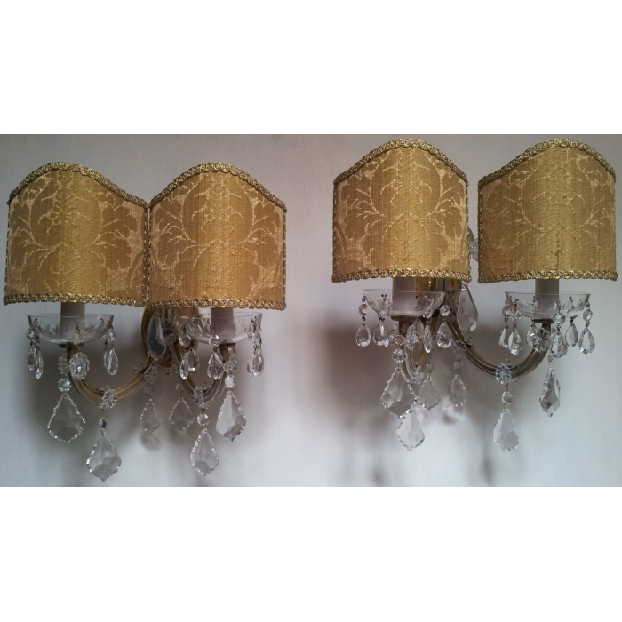 Pair of Vintage French Maria Theresa Crystal 2 Arm Wall Sconces with Gold Silk Damask Rubelli Fabric Clip On Lamp Shades