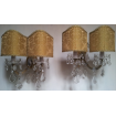 Pair of Vintage French Maria Theresa Crystal 2 Arm Wall Sconces with Gold Silk Damask Rubelli Fabric Clip On Lamp Shades