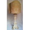 Italian Painted and Gilt Carved Wood Candlestick Table Lamp with Fortuny Fabric Lamp Shade Yellow Monotones Uccelli Pattern