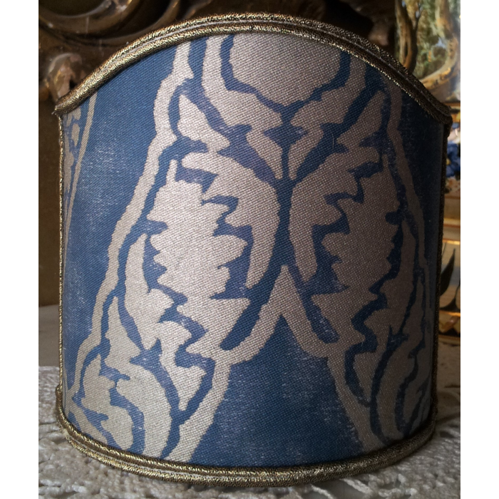 Wall Sconce Clip-On Shield Shade Fortuny Fabric Blue & Silvery Gold Nicolo Pattern Half Lampshade