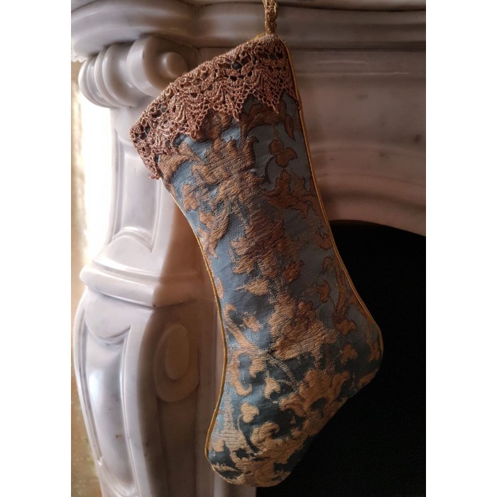 Luxury Christmas Stocking Sky Blue & Gold Silk Jacquard Rubelli Fabric Les Indes Galantes Pattern