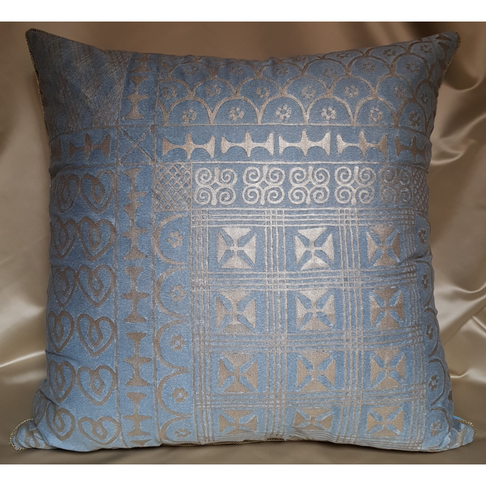 22" x 22" Fortuny Throw Pillow Cushion Cover Slate Blue & Silvery Gold Ashanti Pattern